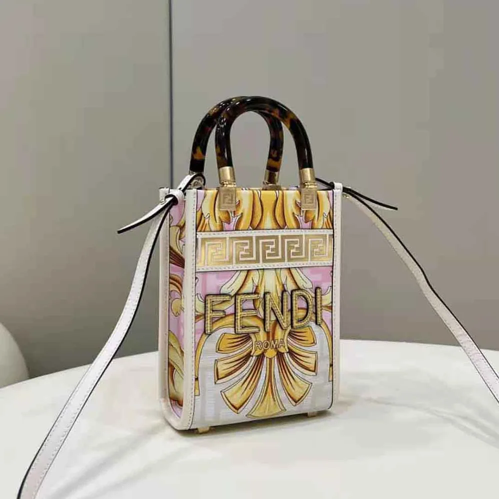 Fendi Mini Sunshine Shopper Fendace Printed White Leather Mini Bag for Women Fendi Mini Sunshine Shopper Fendace Printed White Leather Mini Bag for Women