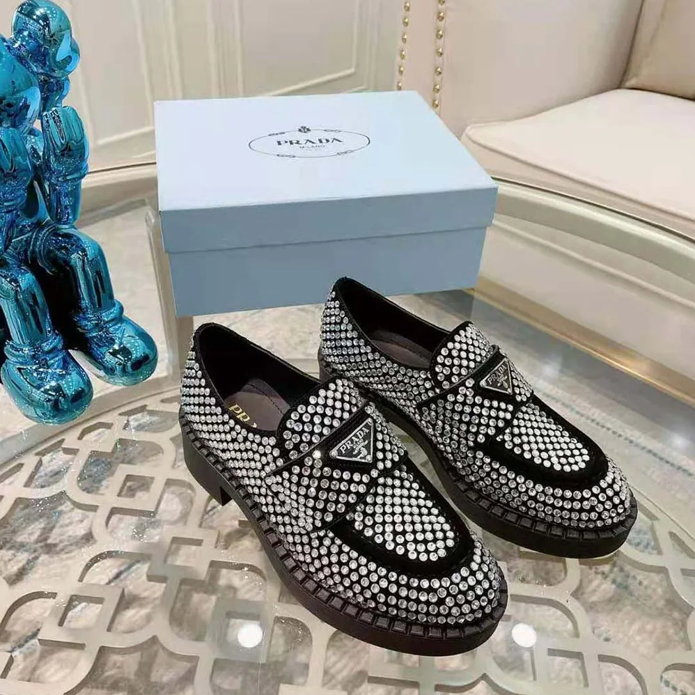 Prada Chocolate Satin Loafers with Crystals for Women in Silver Prada Chocolate Satin Loafers with Crystals for Women in Silver