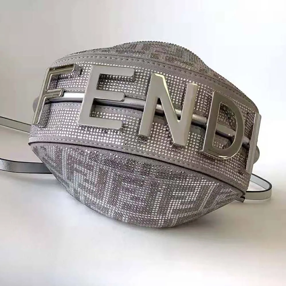 Fendi Fendigraphy Mini Silver Leather Mini Bag with Crystal FF Motif for Women Fendi Fendigraphy Mini Silver Leather Mini Bag with Crystal FF Motif for Women