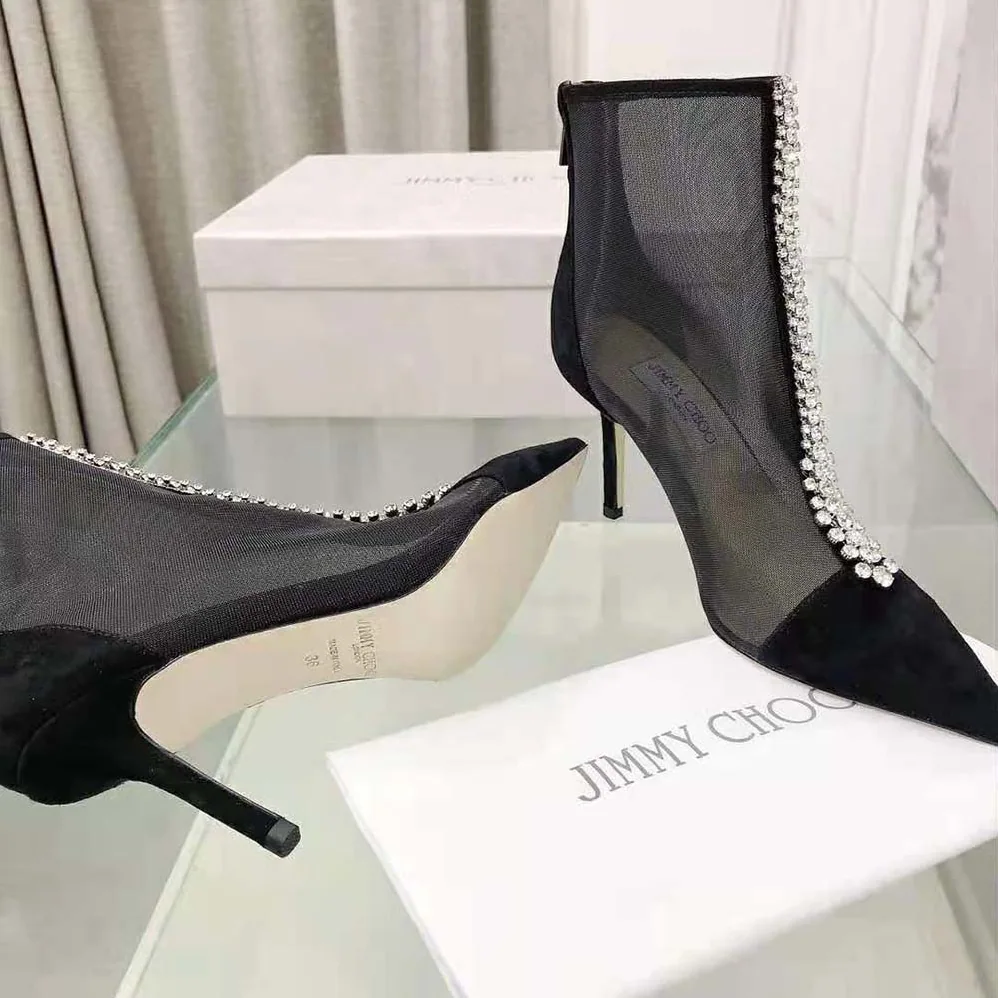 Jimmy Choo Bing Boot 100 Black Suede and Mesh Ankle Boots with Crystal Embellishment for Women
