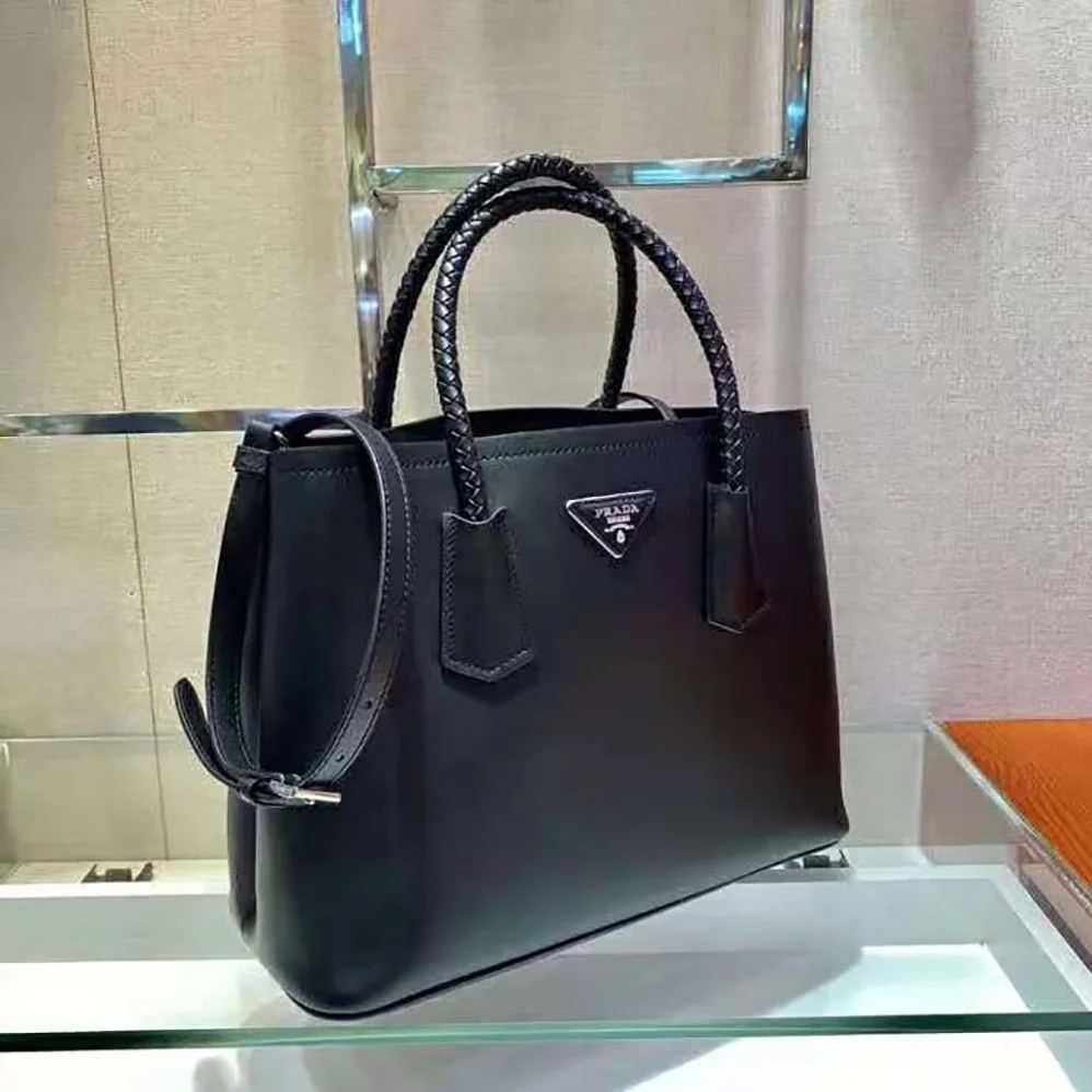 Prada Prada Double Medium Leather Handbag for Women in Black Prada Prada Double Medium Leather Handbag for Women in Black