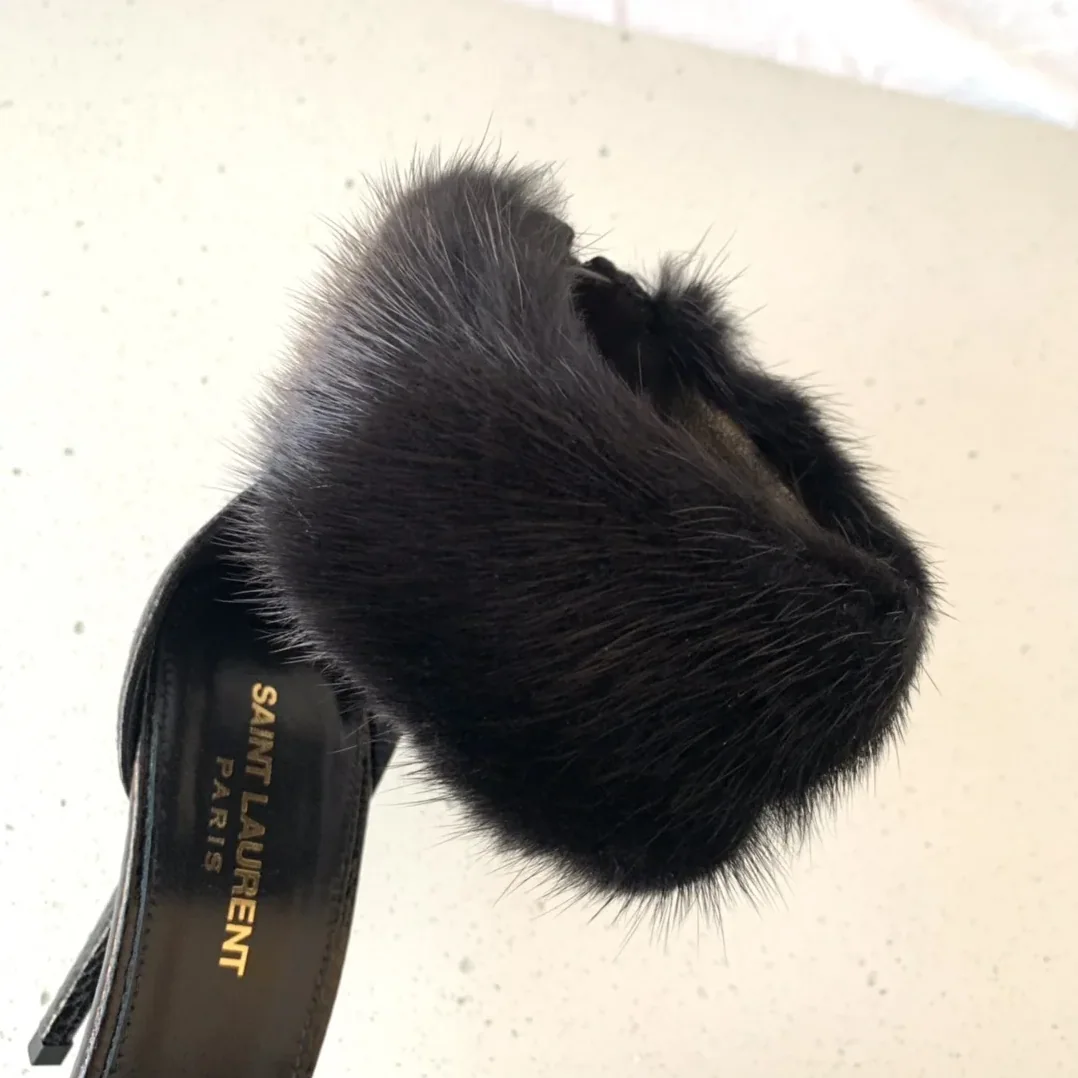 Saint Laurent Faux Fur Ankle in Cuff Sandals Black