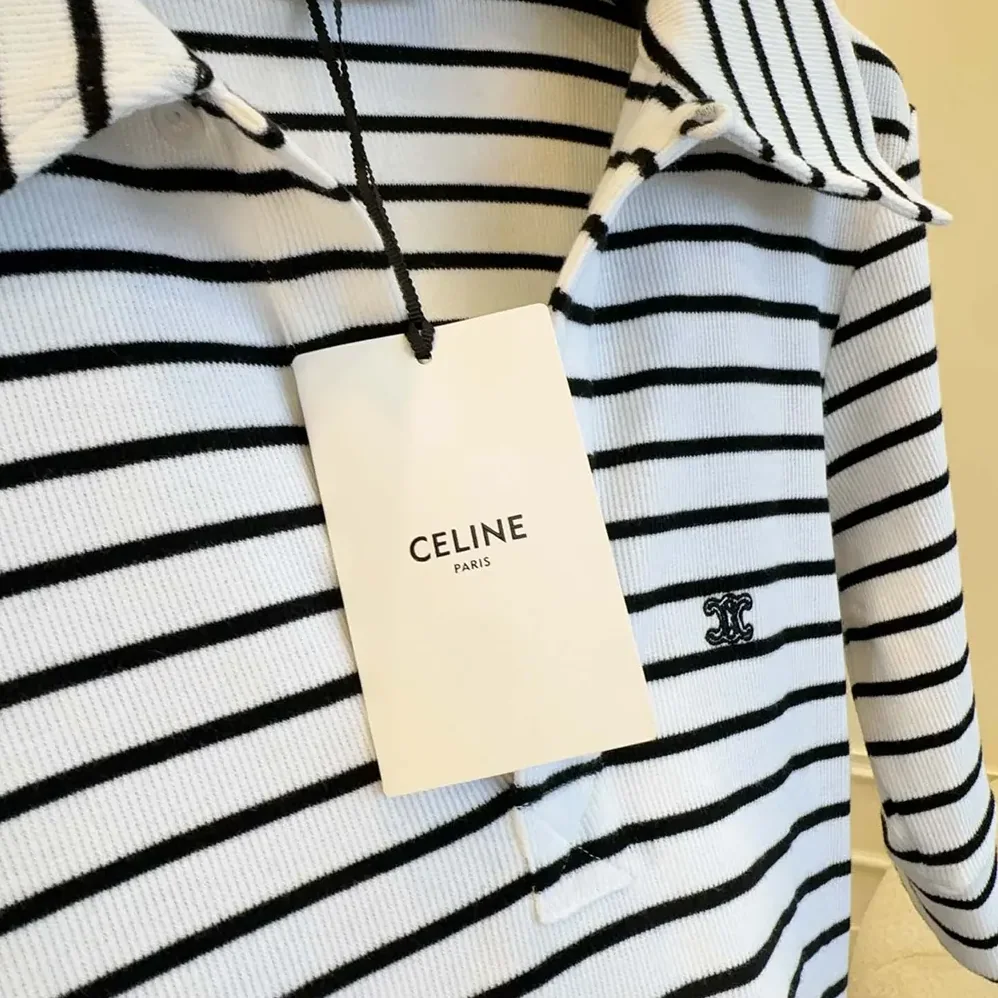Celine Polo Shirt in Striped Silk Jersey for Women Celine Polo Shirt in Striped Silk Jersey for Women
