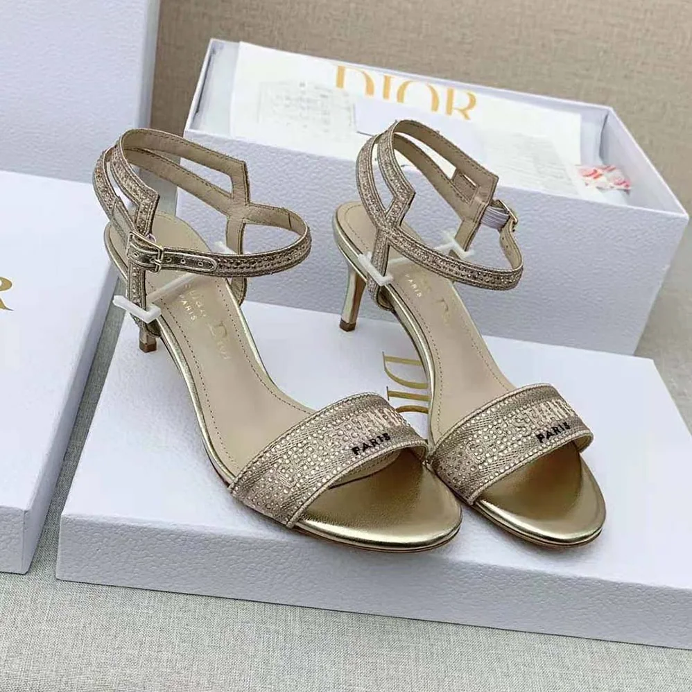 Dior Dway Heeled Sandal Gold-Tone Cotton Embroidered with Metallic Thread and Strass for Women