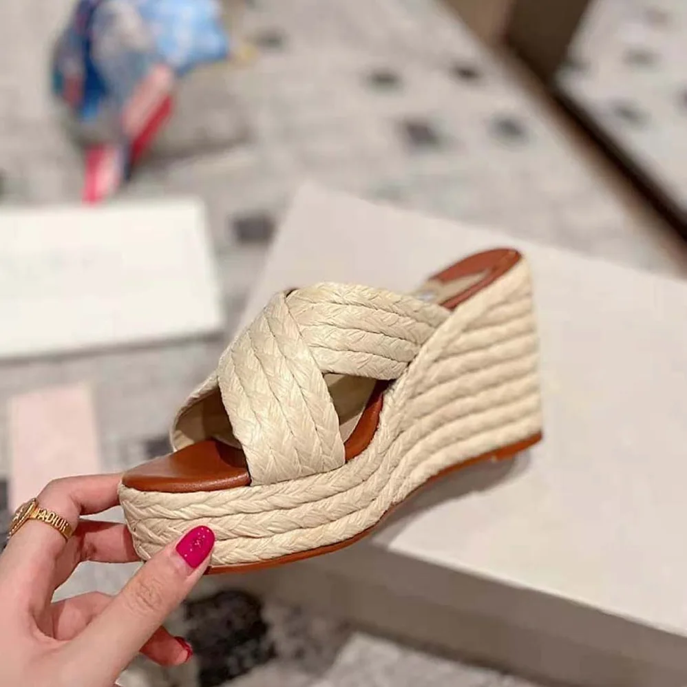 Jimmy Choo Dovina 100 Natural Raffia Wedge Mules with JC Monogram for Women