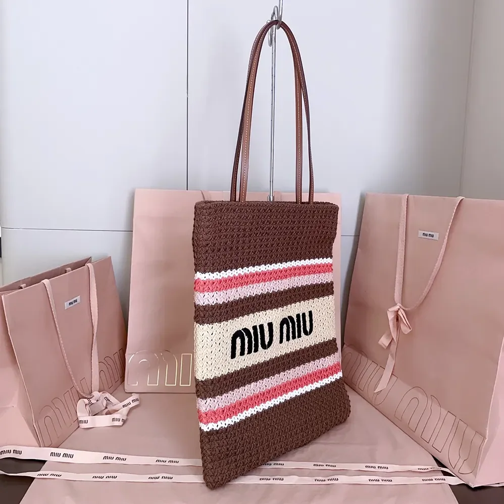 Miu Miu Raffia-Effect Woven Tote Bag for Women in Tobacco/Strawberry/Natural Miu Miu Raffia-Effect Woven Tote Bag for Women in Tobacco/Strawberry/Natural