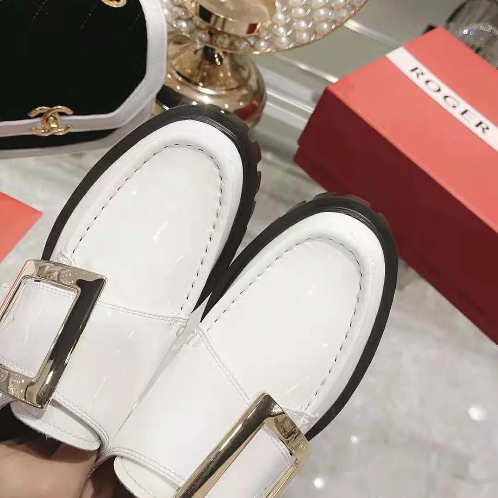 Roger Vivier Viv' Go-Thick Metal Buckle Loafers in Patent Leather for Women in White Roger Vivier Viv' Go-Thick Metal Buckle Loafers in Patent Leather for Women in White