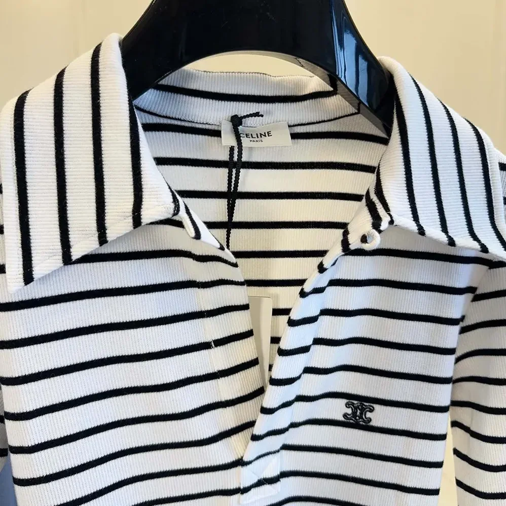 Celine Polo Shirt in Striped Silk Jersey for Women Celine Polo Shirt in Striped Silk Jersey for Women