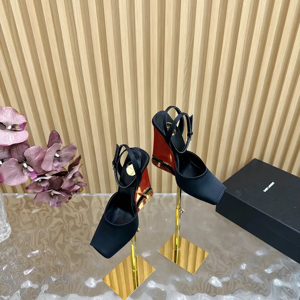 Saint Laurent YSL La Scandale Wedges in Satin Crepe for Women in Black Saint Laurent YSL La Scandale Wedges in Satin Crepe for Women in Black
