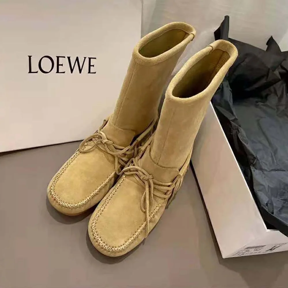 Loewe Fringed Soft Boot in Split Calfskin for Women in Brown