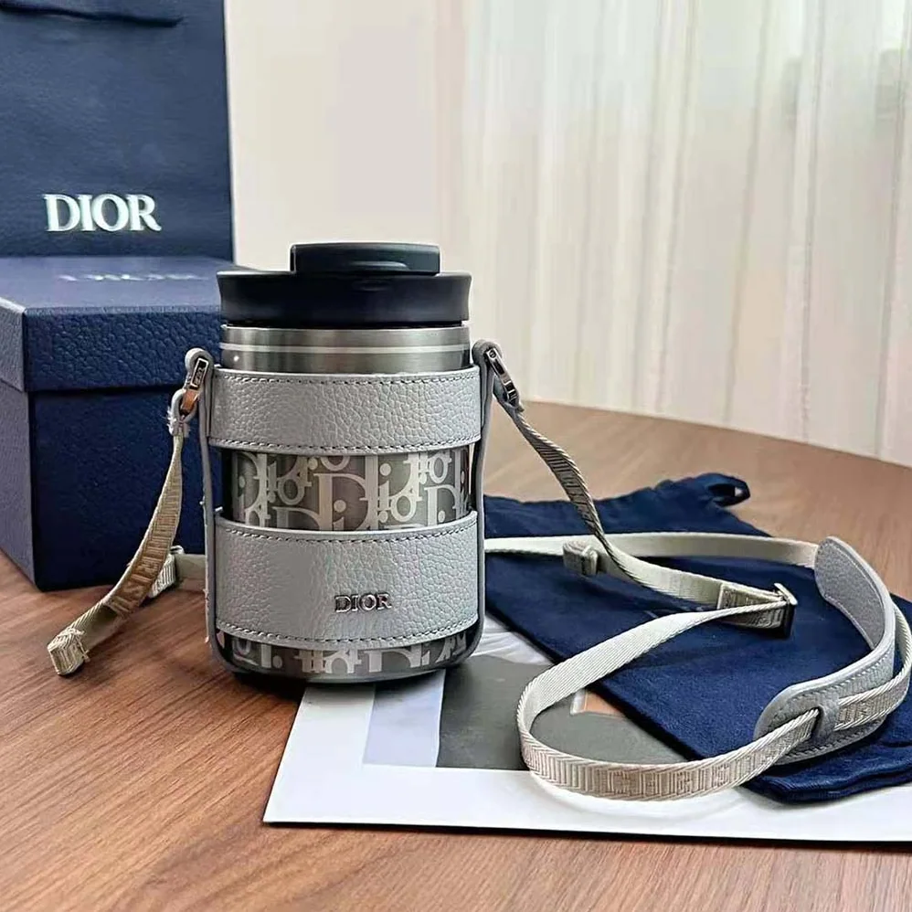 Dior Aqua Mug with Shoulder Strap Dior Gray Grained Calfskin and Dior Oblique Stainless Steel for Unisex