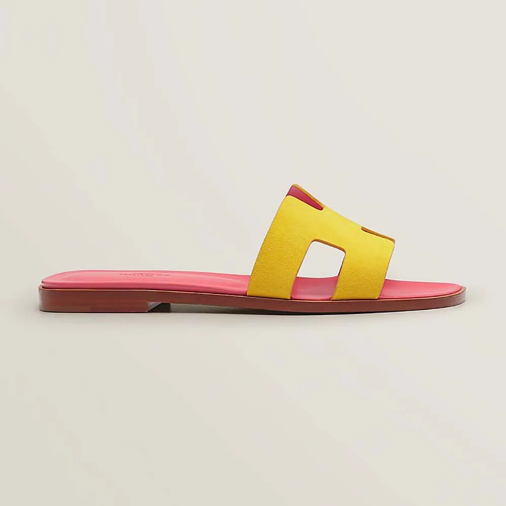 Hermes Oran Sandal in Suede Goatskin with Straight Cut Edges for Women in Pink