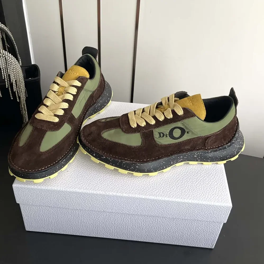Dior Squash Sneaker Brown and Yellow Suede Calfskin with Green Technical Fabric for Unisex Dior Squash Sneaker Brown and Yellow Suede Calfskin with Green Technical Fabric for Unisex