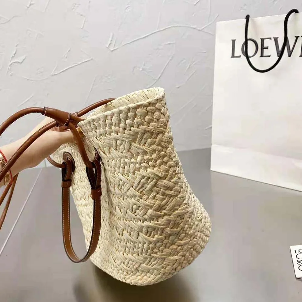 Loewe Medium Anagram Basket Bag in Iraca Palm and Calfskin for Women