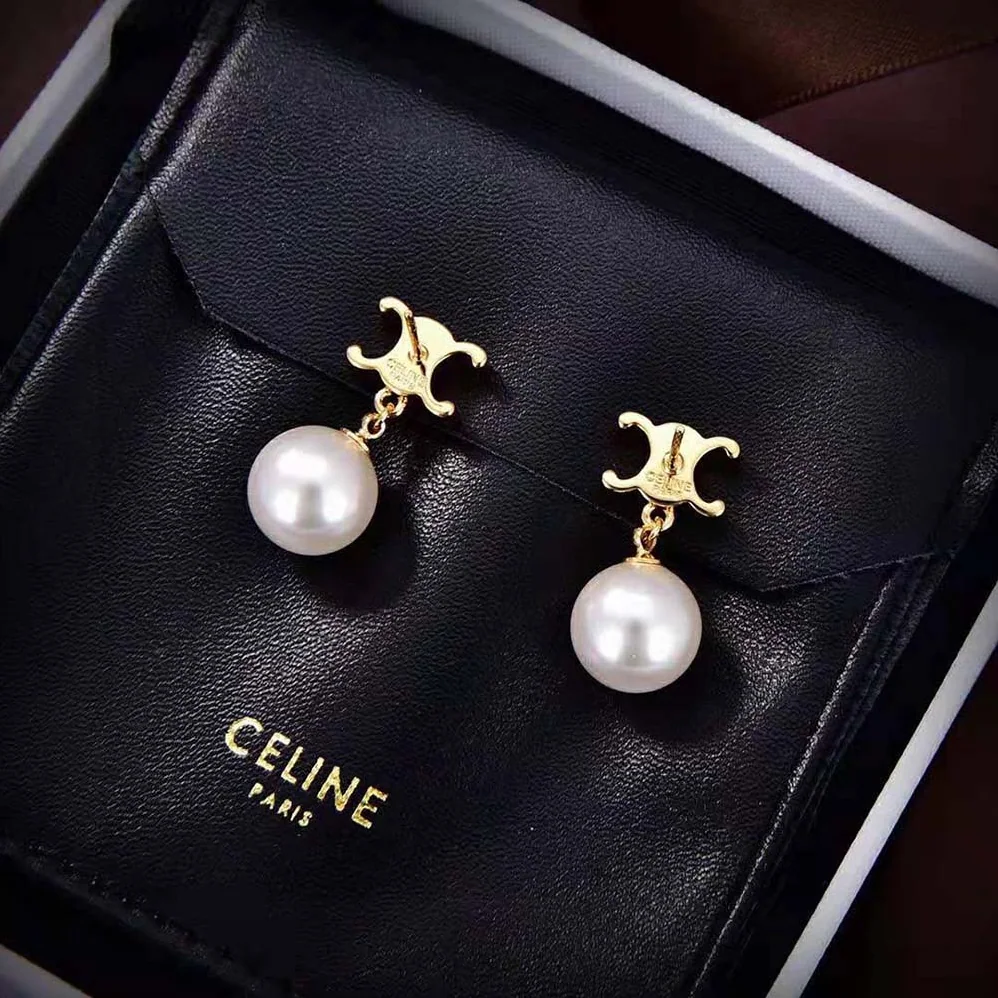 Celine Triomphe Pearl Earrings in Brass with Gold Finish and Glass Pearls for Women