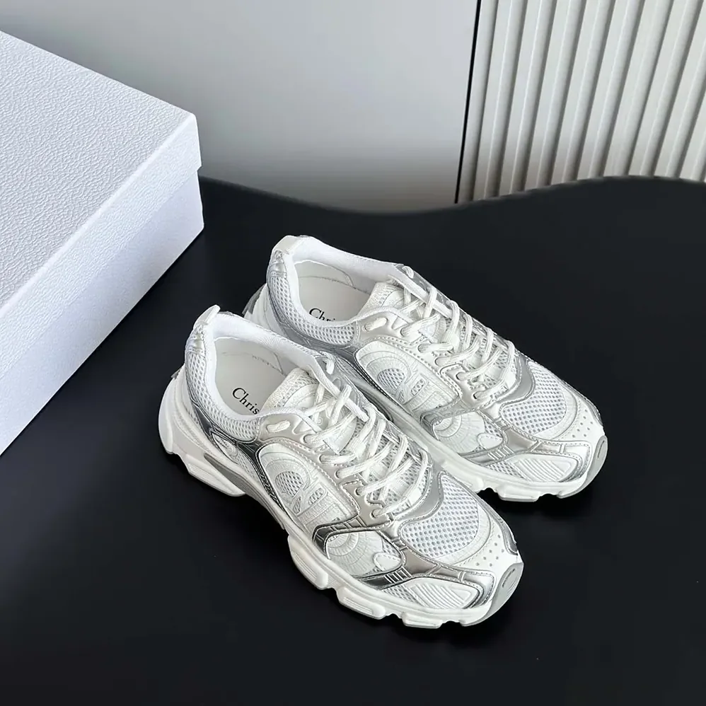 Dior Chrono Sneaker White Mesh with Silver-Tone and White Laminated Leather for Unisex in Effect Inserts