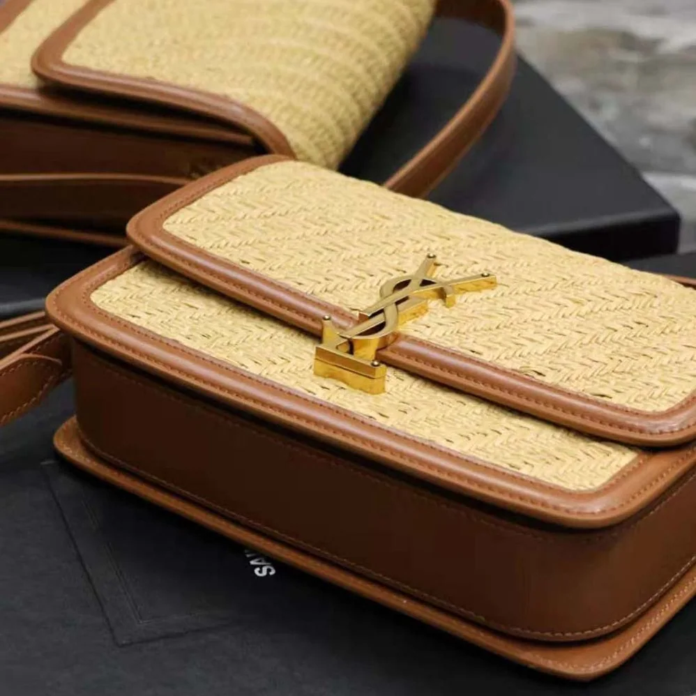 Saint Laurent YSL Solferino Medium Satchel in Raffia and Vegetable for Women in Tanned Leather Saint Laurent YSL Solferino Medium Satchel in Raffia and Vegetable for Women in Tanned Leather