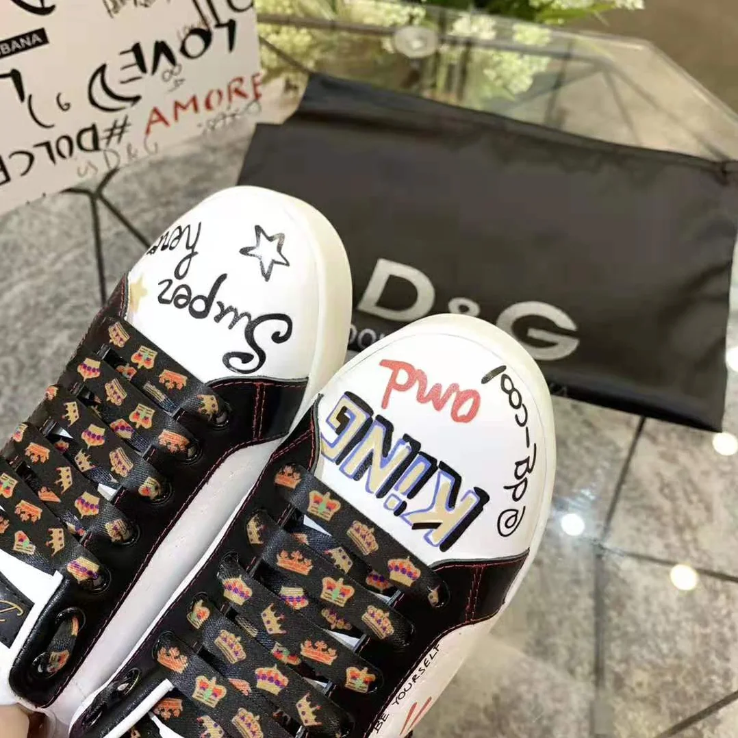 Dolce Gabbana D&G Portofino Sneakers in Printed Nappa Calfskin with Patch for Men in Black