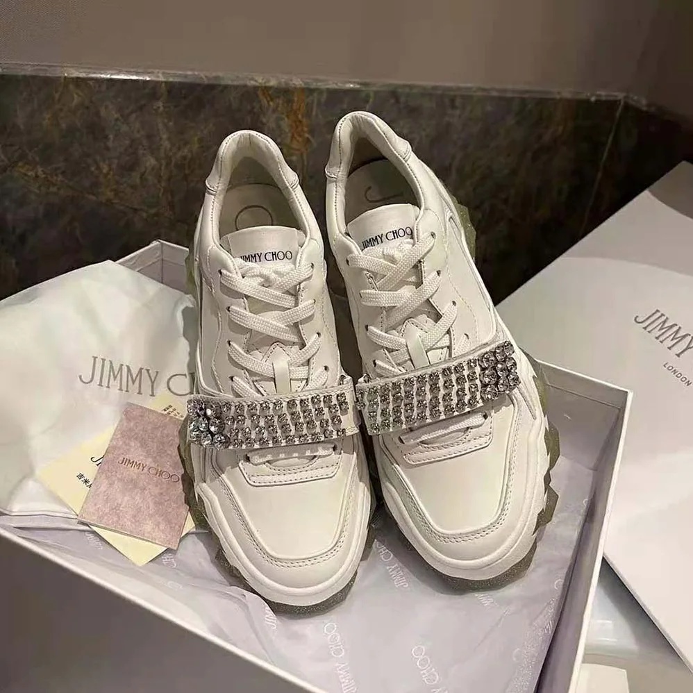 Jimmy Choo Diamond X Strap/F White Calf Leather Low Top Trainers with Crystal Strap for Women