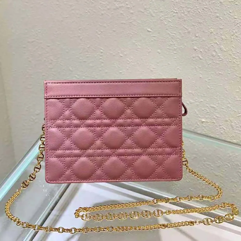 Dior Caro Zipped Pouch with Chain Cedar Green Supple Cannage Calfskin for Women in Pink Dior Caro Zipped Pouch with Chain Cedar Green Supple Cannage Calfskin for Women in Pink