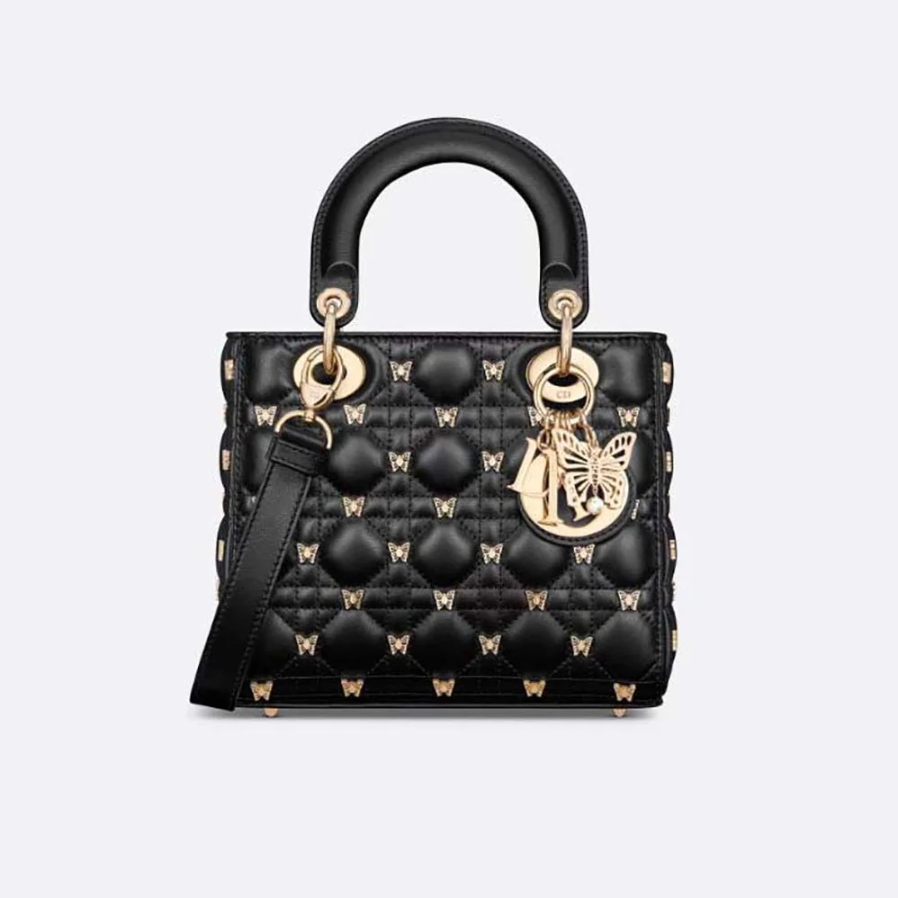 Dior Small Lady Dior Bag Black Cannage Lambskin with Gold for Women in Finish Butterfly Studs