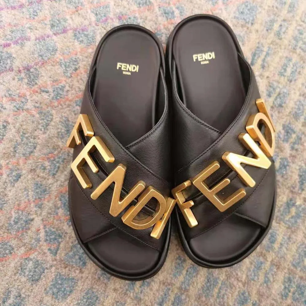 Fendi Fendigraphy Black Leather Slides for Women Fendi Fendigraphy Black Leather Slides for Women