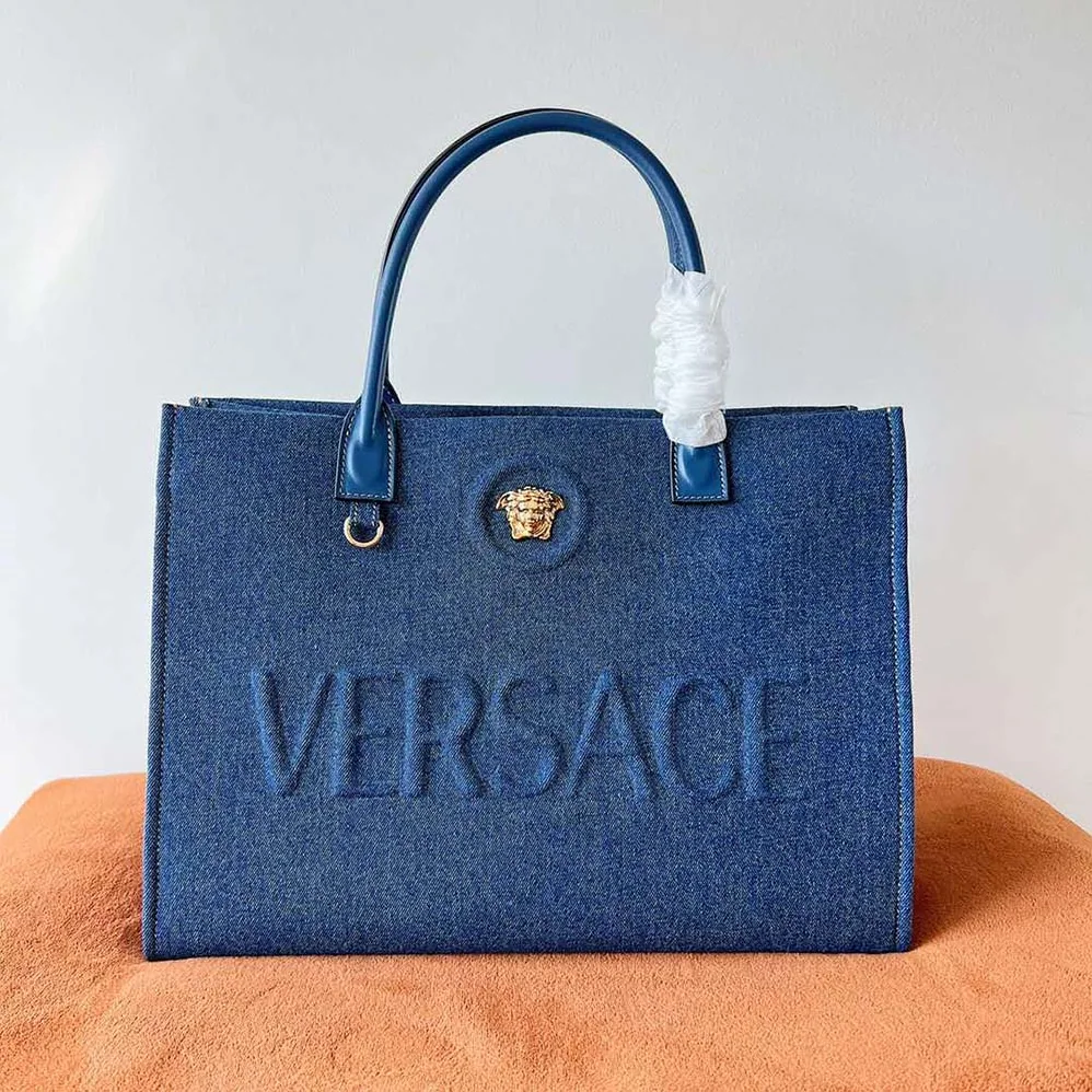 Versace La Medusa Denim Large Tote Bag for Women in Blue Versace La Medusa Denim Large Tote Bag for Women in Blue