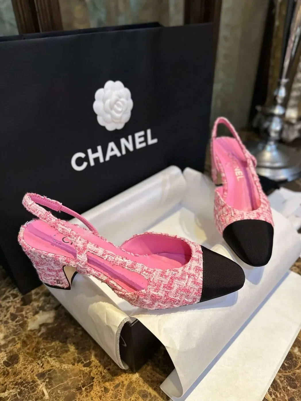 Chanel Woolen High Heel Slingback Sandals Pink Chanel Woolen High Heel Slingback Sandals Pink