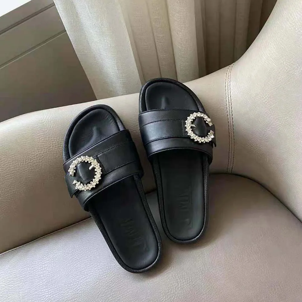 Jimmy Choo Fallon Black Nappa Leather Slides with Crystal Buckle for Women