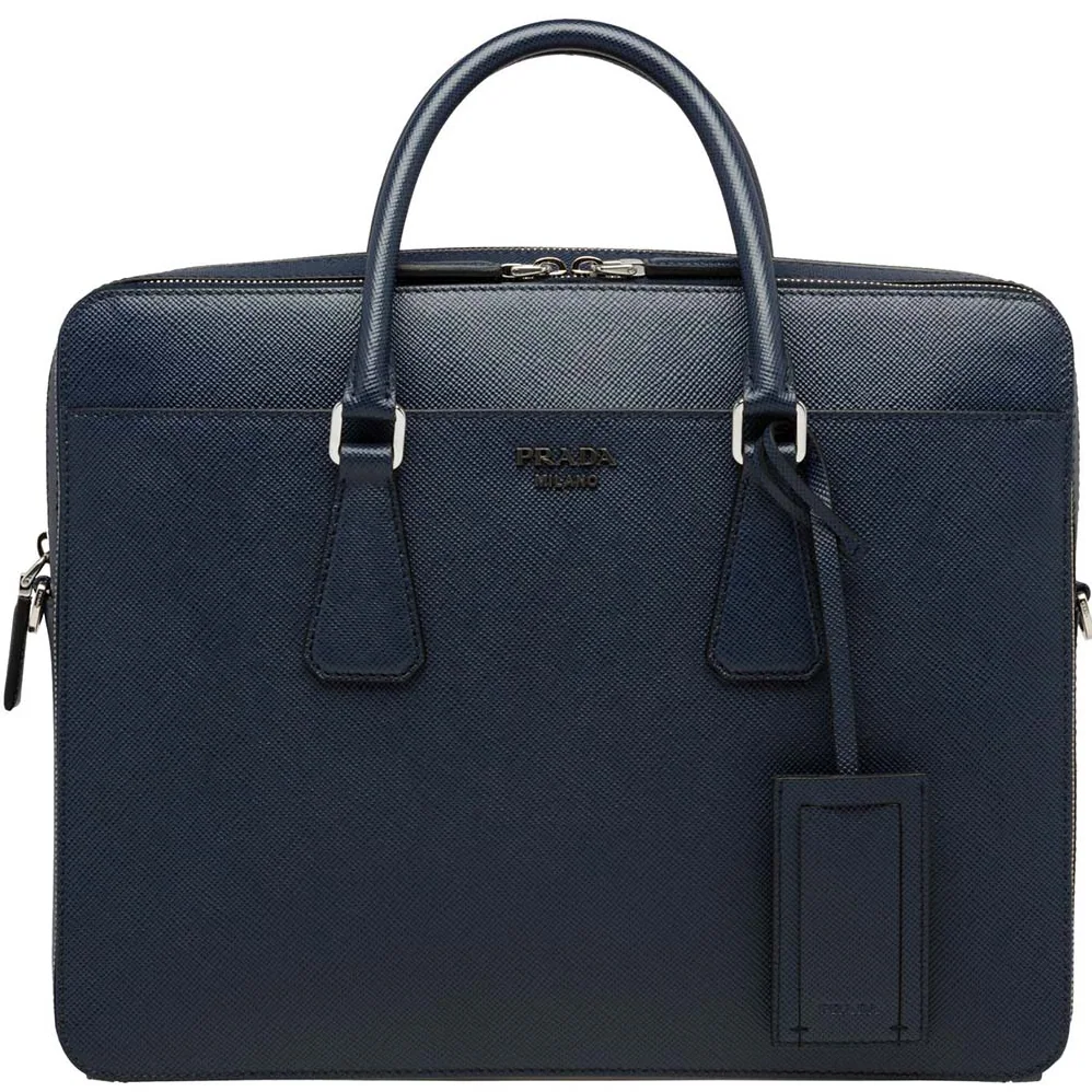 Prada Saffiano Leather Briefcase Bag for Men in Navy