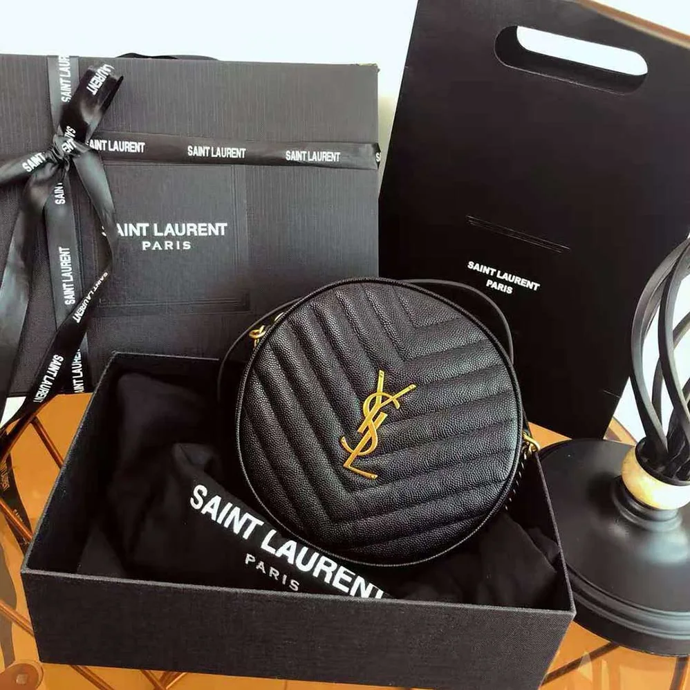 Saint Laurent YSL Vinyle Round Camera Bag in Chevron-Quilted Grain de Poudre Embossed Leather for Women in Black Saint Laurent YSL Vinyle Round Camera Bag in Chevron-Quilted Grain de Poudre Embossed Leather for Women in Black