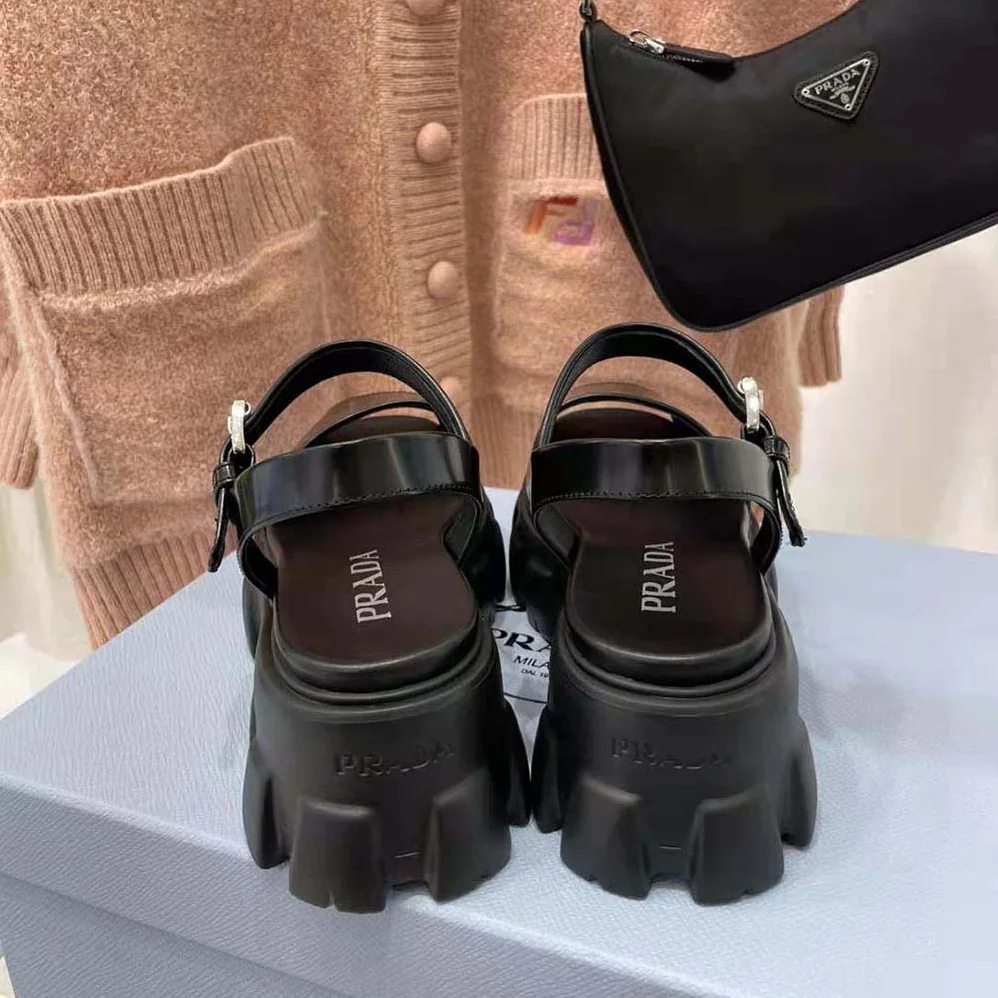 Prada Monolith Brushed Leather Sandals in 55mm Heel for Women in Black