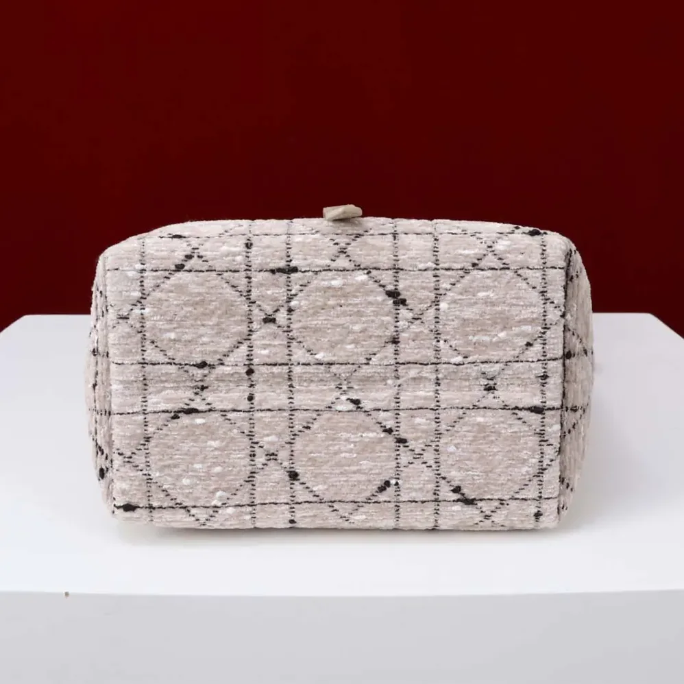 Dior Small Dior Toujours Vertical Tote Bag Beige Tweed with Black Cannage Motif for Women