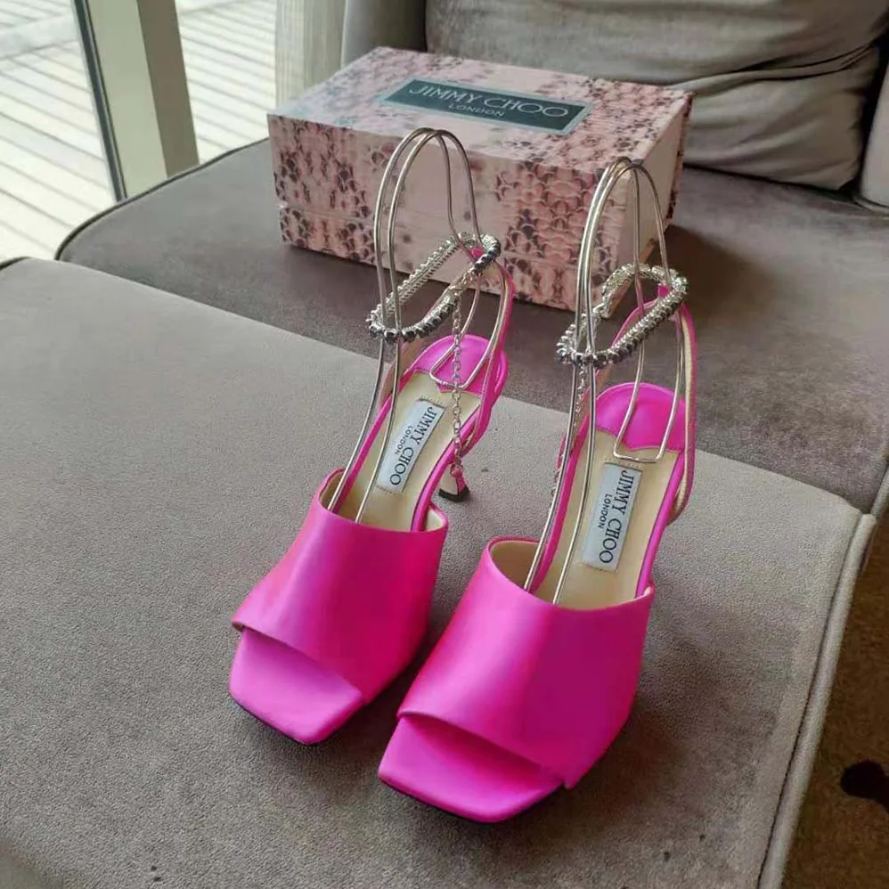 Jimmy Choo Sae 90 Fuchsia Satin Sandals with Crystal Chain Embellishment for Women Jimmy Choo Sae 90 Fuchsia Satin Sandals with Crystal Chain Embellishment for Women