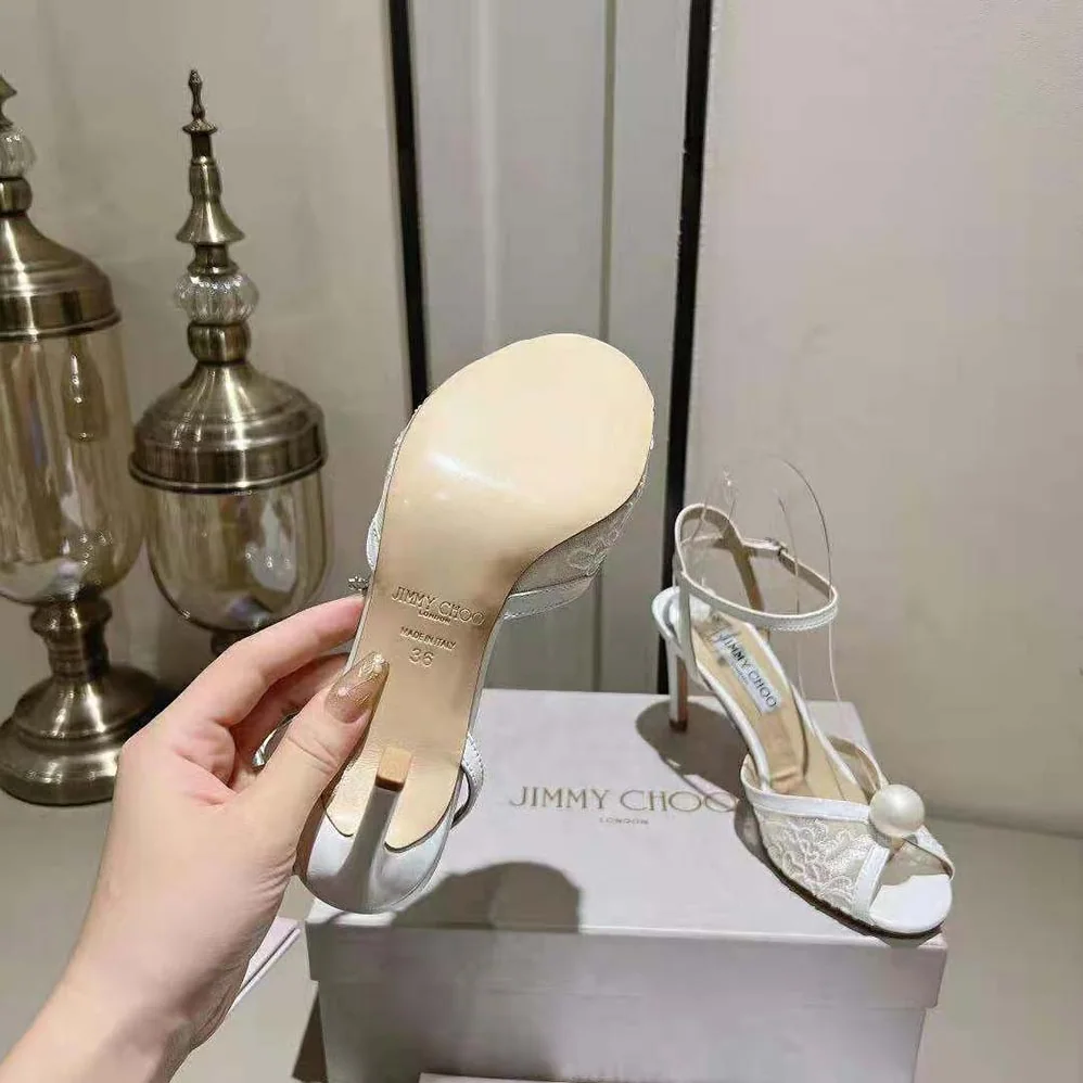 Jimmy Choo Sacora 85 Ivory Floral Lace Sandals with Pearl Detail for Women