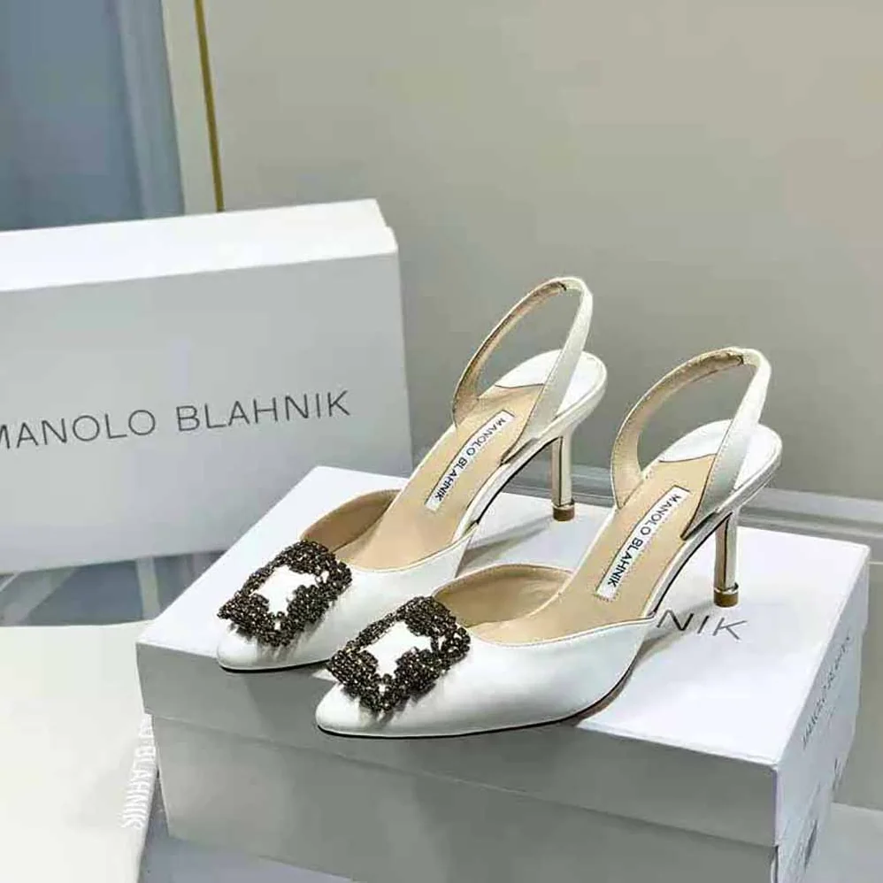 Manolo Blahnik Cream Satin Jewel Buckle Slingback Pumps for Women Manolo Blahnik Cream Satin Jewel Buckle Slingback Pumps for Women