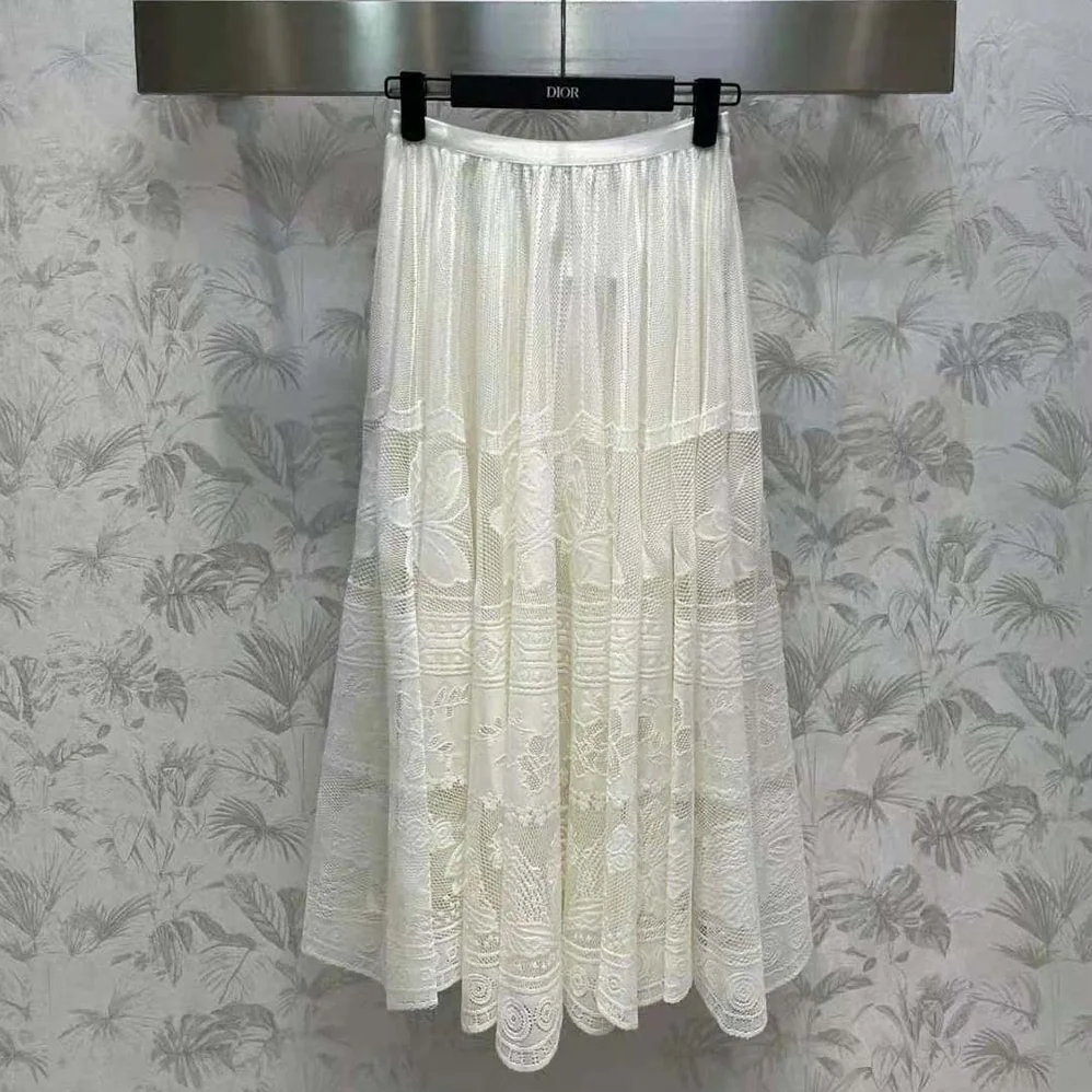 Dior Flared Mid-Length Skirt Ecru Technical Cotton Lace with D for Women in Lace Butterfly Motif Dior Flared Mid-Length Skirt Ecru Technical Cotton Lace with D for Women in Lace Butterfly Motif
