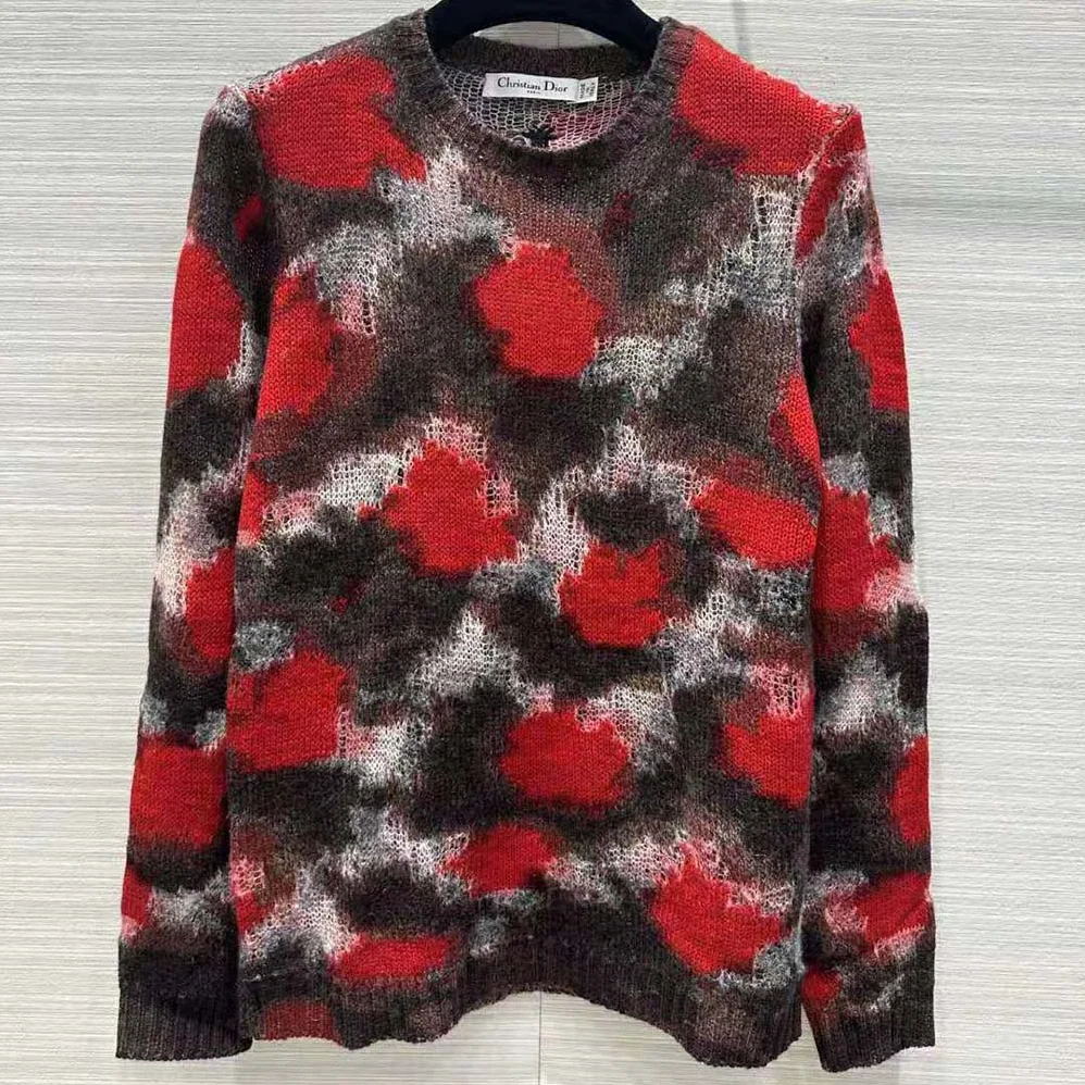 Dior Sweater Red Multicolor Technical Cashmere Mohair and Wool Knit with Dior Roses Motif for Men Dior Sweater Red Multicolor Technical Cashmere Mohair and Wool Knit with Dior Roses Motif for Men
