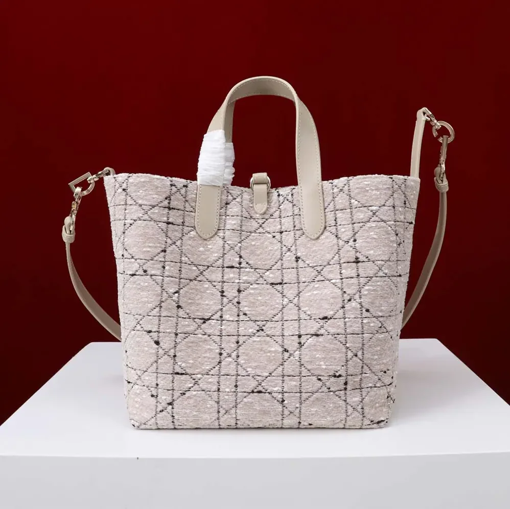 Dior Medium Dior Toujours Vertical Tote Bag Beige Tweed with Black Cannage Motif for Women
