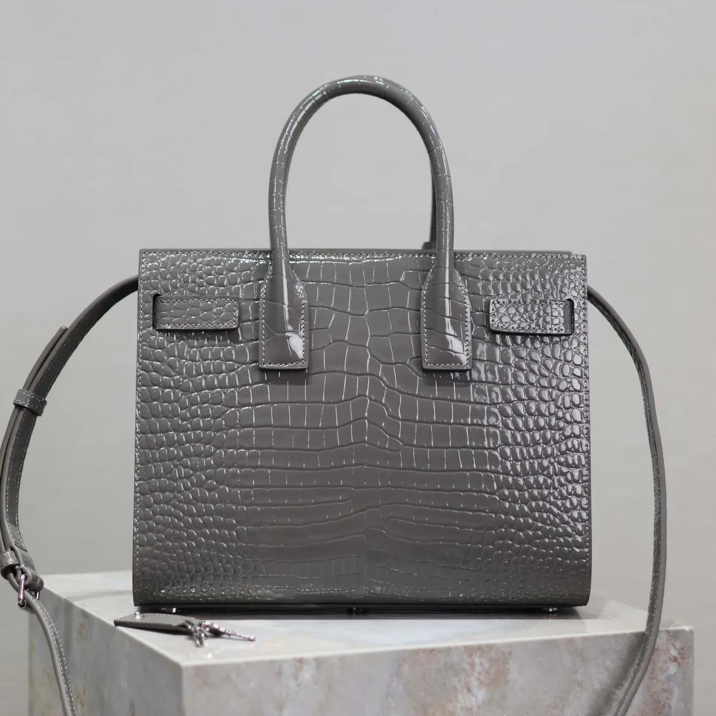 Saint Laurent YSL Sac De Jour in Embossed Crocodile Leather Baby for Women in Silver