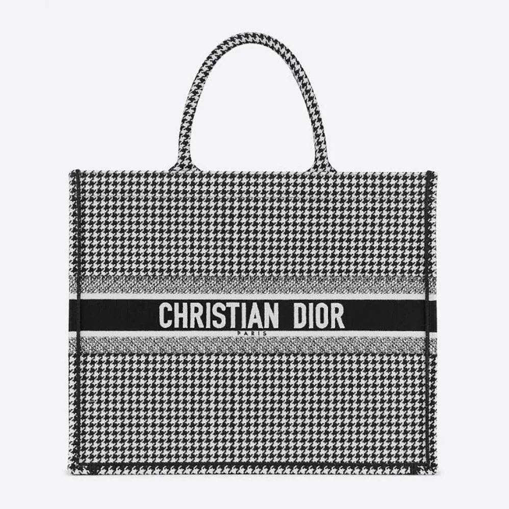 Dior Book Tote Black and White Houndstooth Embroidery for Women