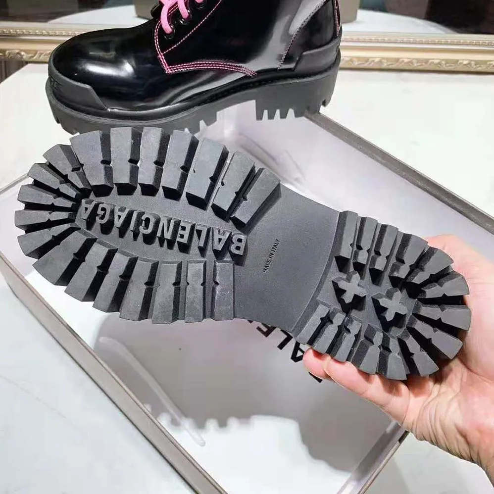 Balenciaga Strike 20mm Lace-Up Boot in Black Matte Calfskin for Women in Pink