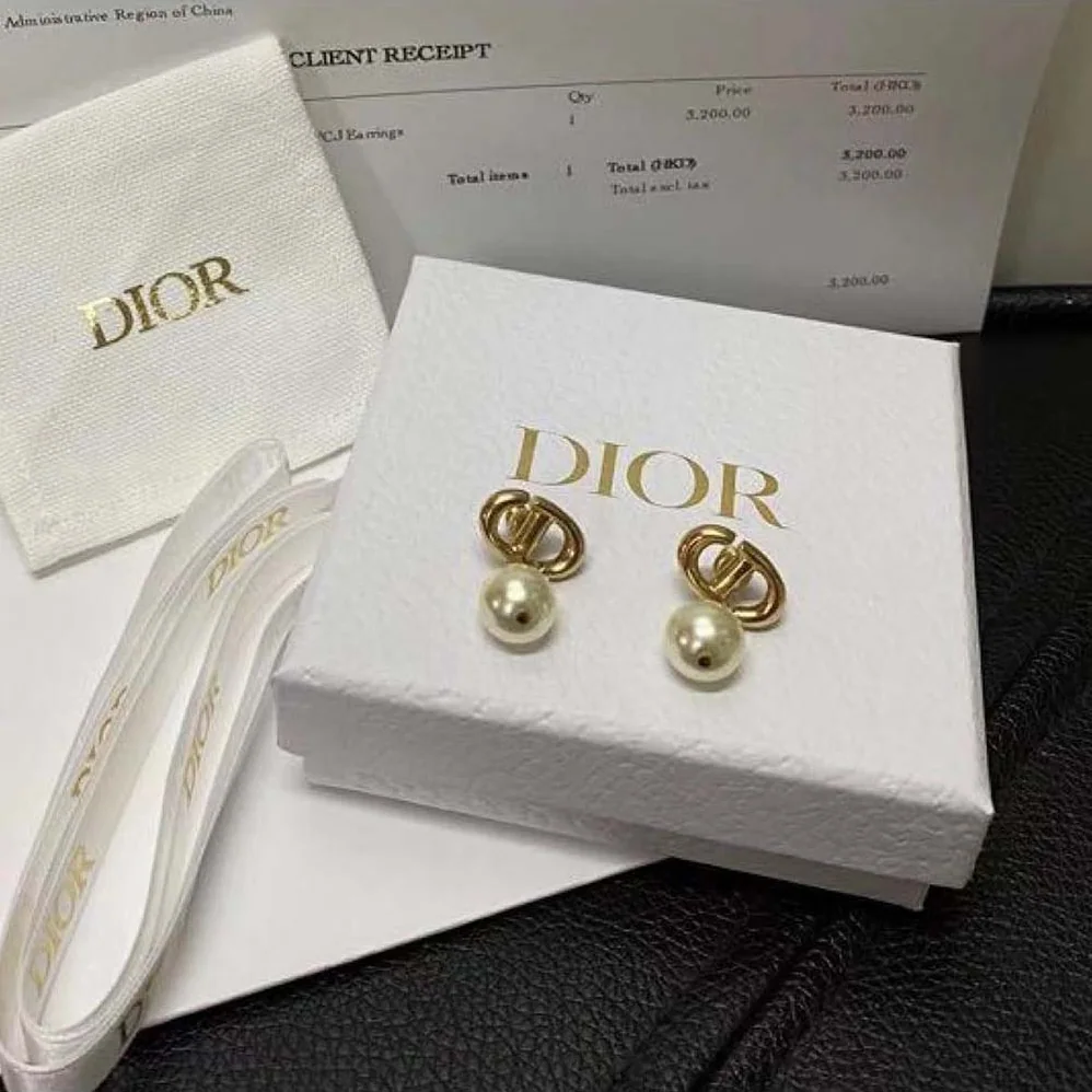 Dior CD Navy Earrings Gold-Finish Metal and White Resin Pearls for Women