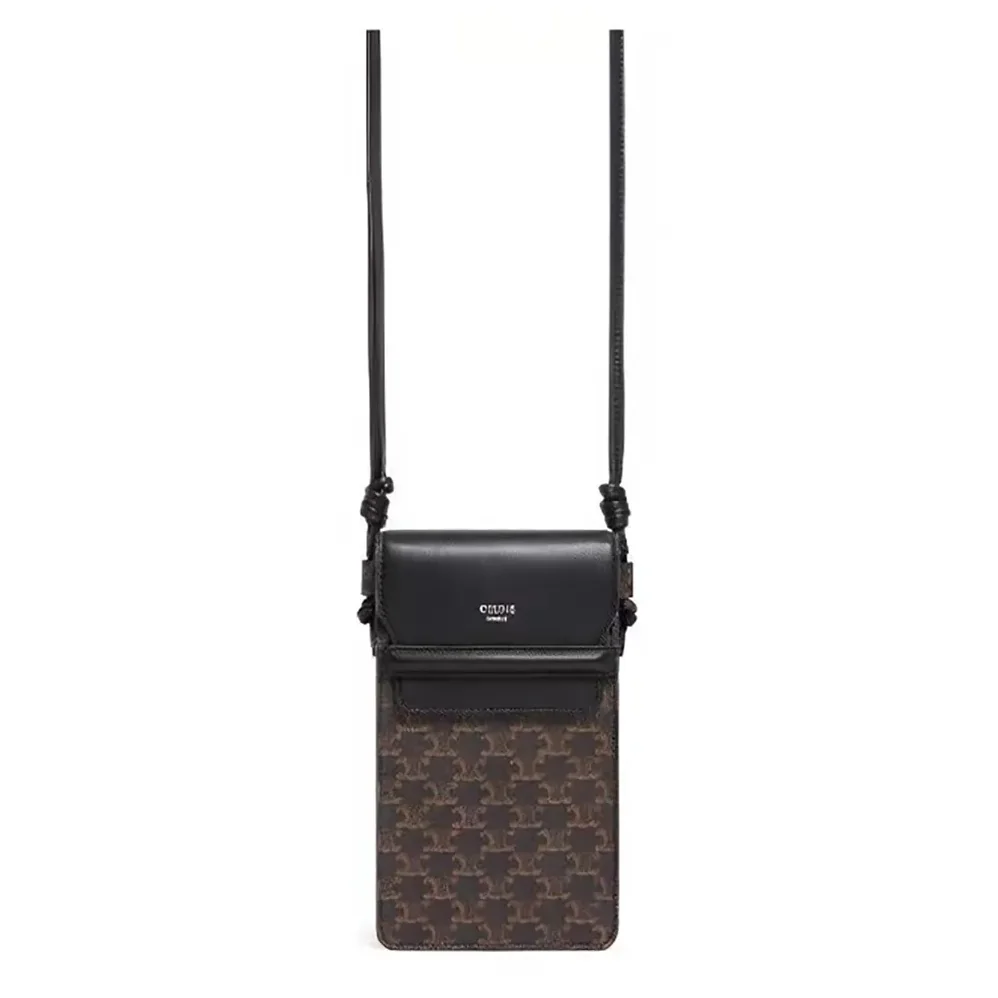 Celine Phone Pouch with Flap in Triomphe Canvas and Lambskin for Women in Black Celine Phone Pouch with Flap in Triomphe Canvas and Lambskin for Women in Black