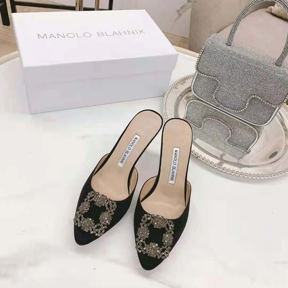 Manolo Blahnik Black Satin Jewel Buckle Mules for Women Manolo Blahnik Black Satin Jewel Buckle Mules for Women