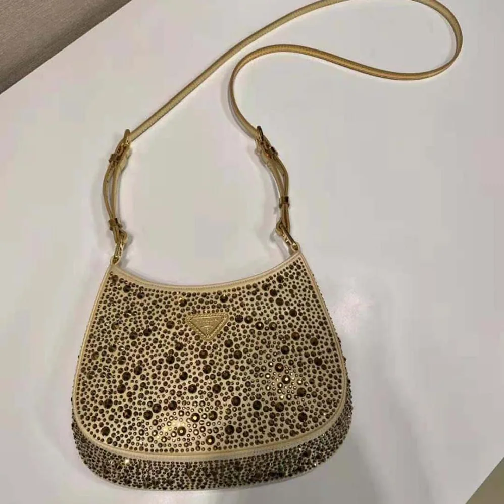 Prada Cleo Satin Bag with Crystals for Women in Gold Prada Cleo Satin Bag with Crystals for Women in Gold