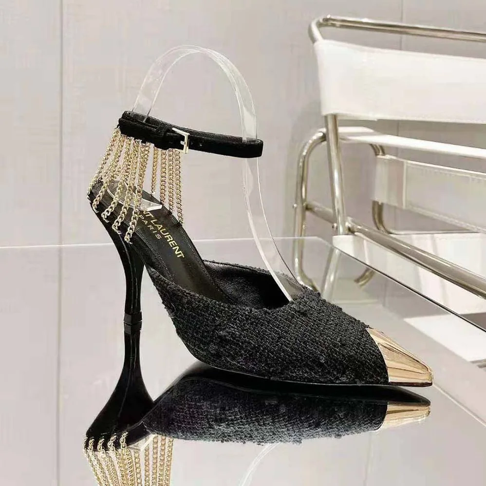 Saint Laurent YSL Sling Chain Pumps in Boucle Tweed for Women Saint Laurent YSL Sling Chain Pumps in Boucle Tweed for Women