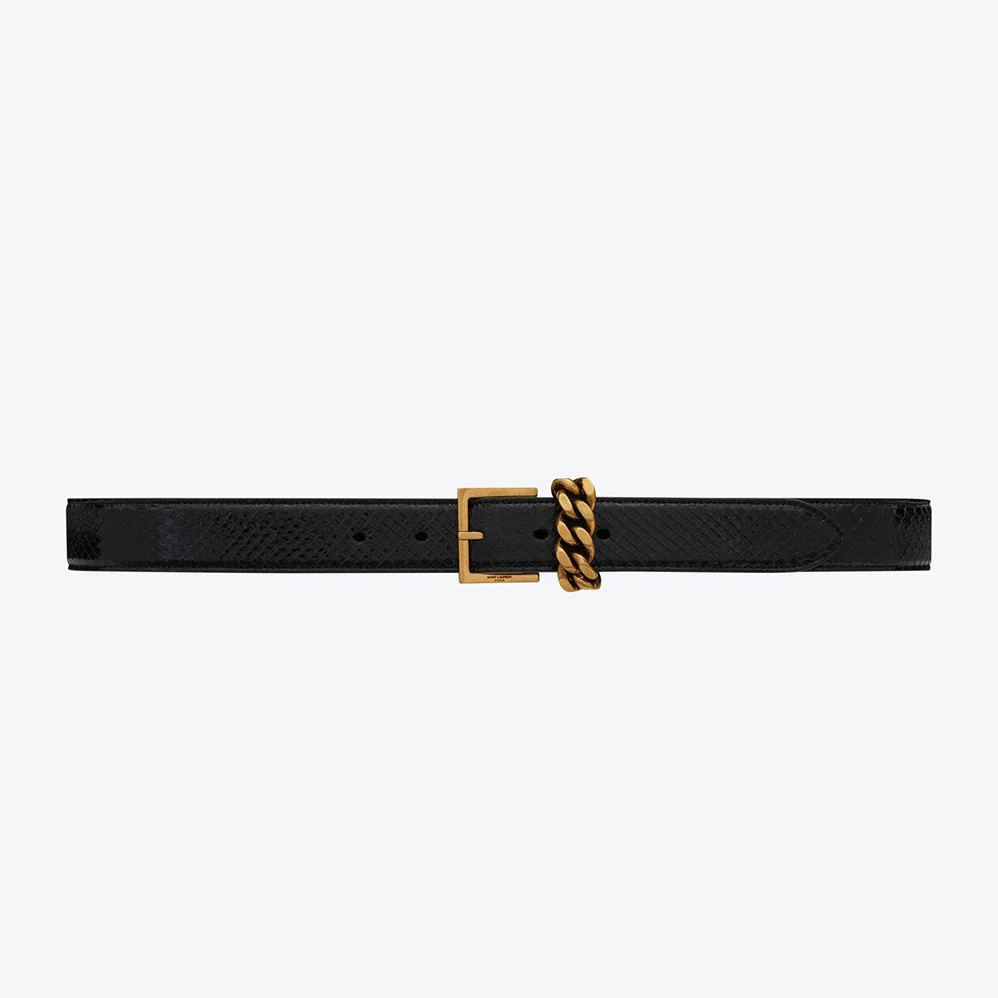 Saint Laurent YSL Chain-loop Narrow Belt with Square Buckle in Lacquered Python for Women