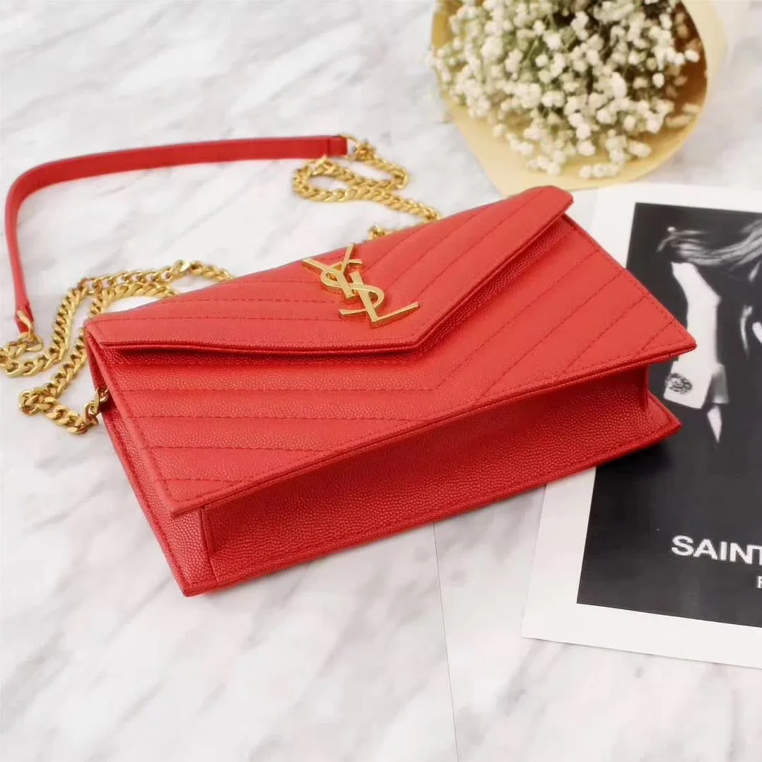 Saint Laurent YSL Medium Monogram Envelope Chain Wallet Gold Hardware in Red