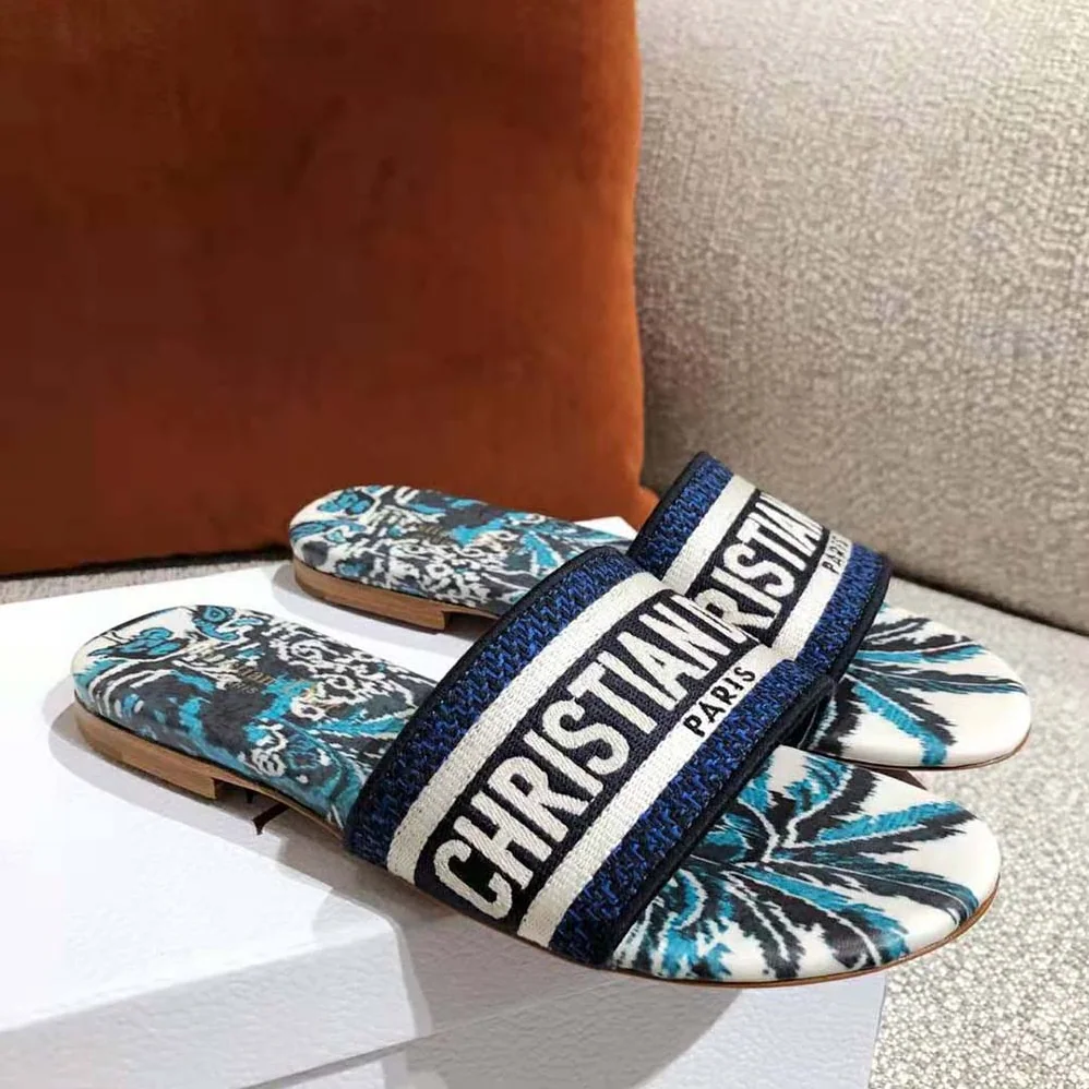 Dior Dway Slide Indigo Blue Dior Palms Embroidered Cotton for Women Dior Dway Slide Indigo Blue Dior Palms Embroidered Cotton for Women
